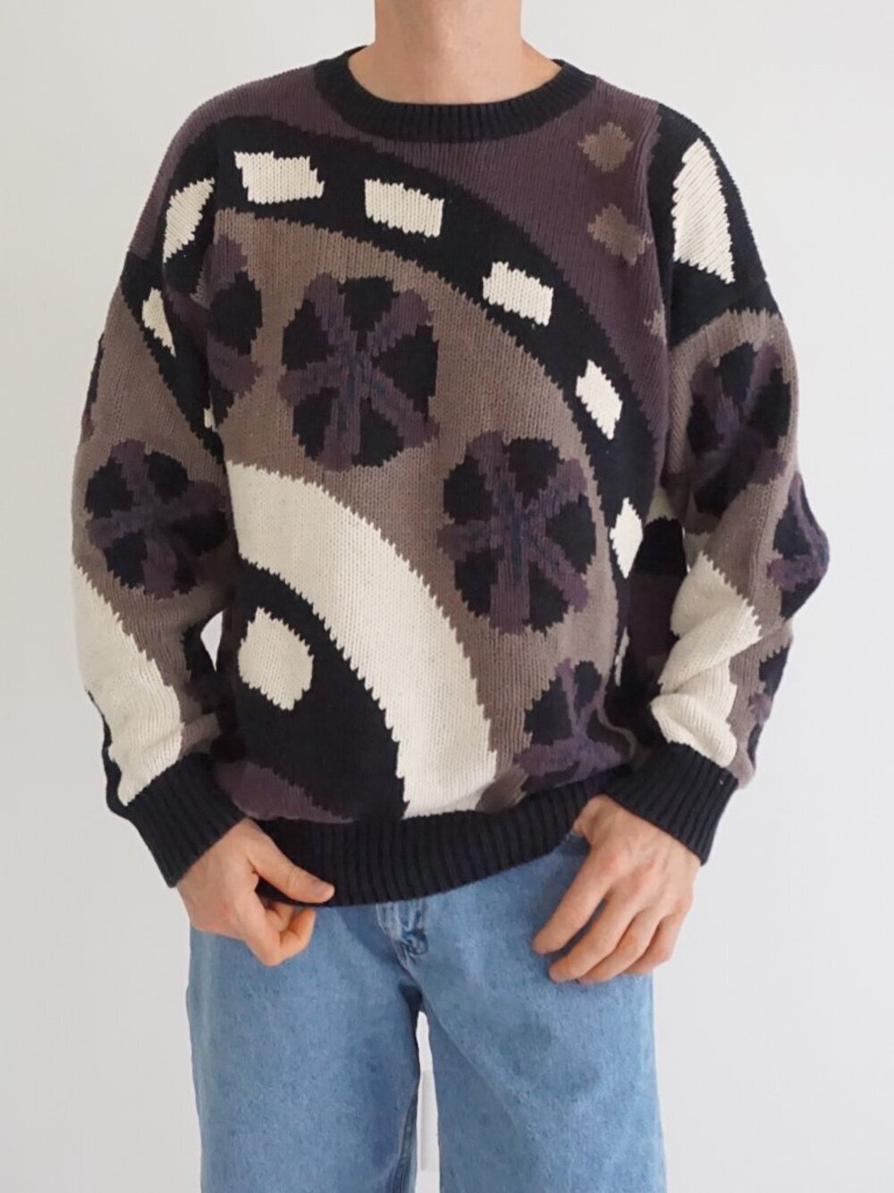 VTG Henry Grethel Purple Black Abstract Geometric Cotton Sweater Handframe HK L
